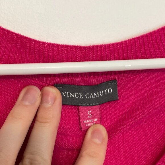 VINCE CAMUTO Magenta Fuchsia Barbie Pink V-Neck High Low Hi-Lo Tunic Sweater S - Picture 3 of 16